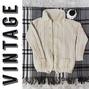 Hand knit Fishermen cable knit cream button-down cardigan chunky sweater
